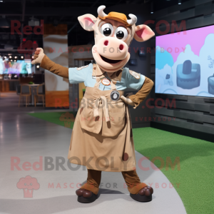 Tan Cow mascot costume character dressed with a Maxi Skirt and Suspenders