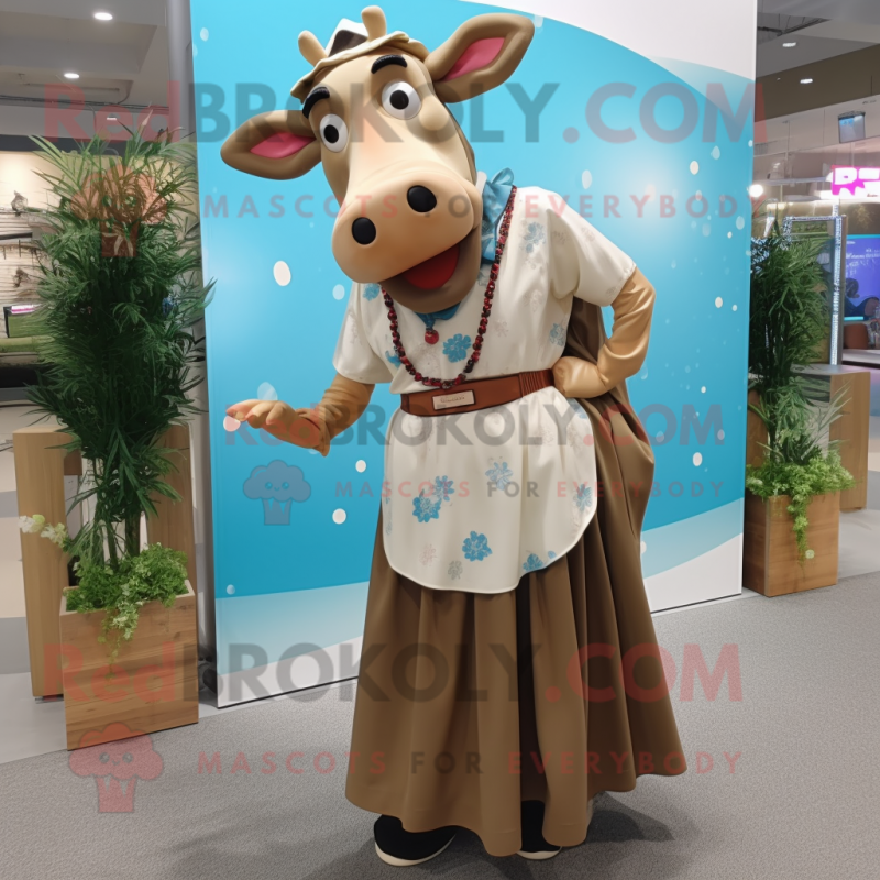 Tan Cow mascot costume character dressed with a Maxi Skirt and Suspenders