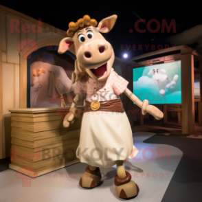 Tan Cow mascot costume character dressed with a Maxi Skirt and Suspenders