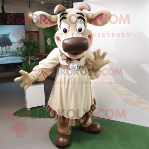 Tan Cow mascot costume character dressed with a Maxi Skirt and Suspenders