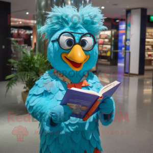 Turquoise Butter Chicken mascot costume character dressed with a Button-Up Shirt and Reading glasses