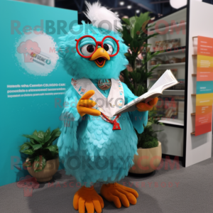 Turquoise Butter Chicken mascot costume character dressed with a Button-Up Shirt and Reading glasses