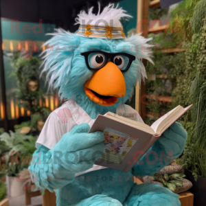 Turquoise Butter Chicken mascot costume character dressed with a Button-Up Shirt and Reading glasses