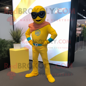 Yellow Superhero mascot costume character dressed with a Flare Jeans and Pocket squares