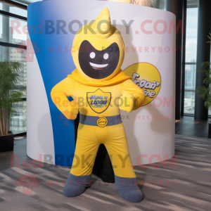 Yellow Superhero mascot costume character dressed with a Flare Jeans and Pocket squares