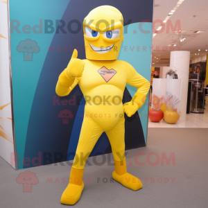 Yellow Superhero mascot costume character dressed with a Flare Jeans and Pocket squares