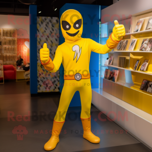 Yellow Superhero mascot costume character dressed with a Flare Jeans and Pocket squares