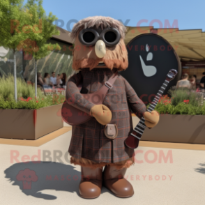Brown Bagpipe mascot costume character dressed with a Shift Dress and Sunglasses
