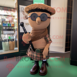Brown Bagpipe mascot costume character dressed with a Shift Dress and Sunglasses
