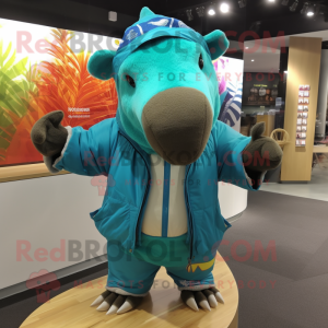 Turquoise Tapir mascot costume character dressed with a Parka and Wraps