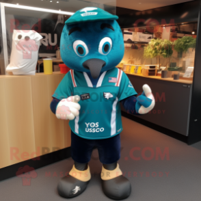 Teal Miso Soup mascot costume character dressed with a Rugby Shirt and Lapel pins