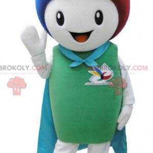 Mascote do boneco de neve branco com capa e cabelo colorido -