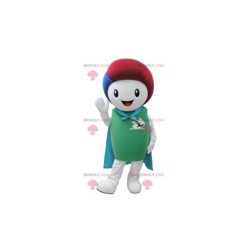 Mascote do boneco de neve branco com capa e cabelo colorido -