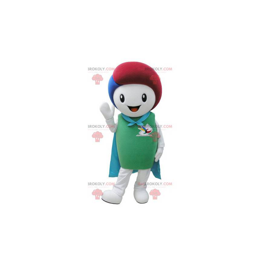 White snowman mascot with a cape and colored hair -