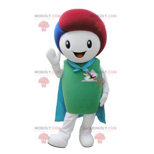 White snowman mascot with a cape and colored hair -