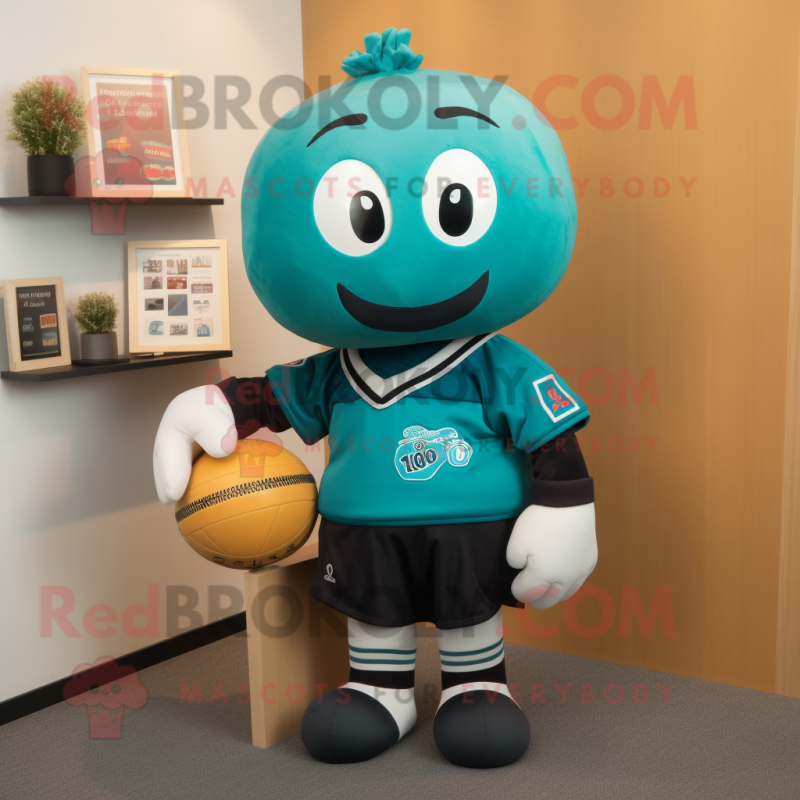 Teal Miso Soup mascot costume character dressed with a Rugby Shirt and Lapel pins Teal Miso Soup mascot costume character dressed with a Rugby Shirt and Lapel pins
