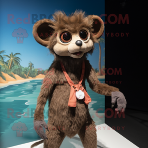 Brown Aye-Aye mascot costume character dressed with a One-Piece Swimsuit and Suspenders