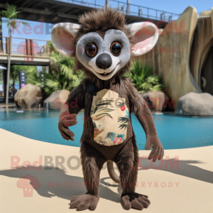 Brown Aye-Aye mascot costume character dressed with a One-Piece Swimsuit and Suspenders