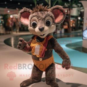 Brown Aye-Aye mascot costume character dressed with a One-Piece Swimsuit and Suspenders