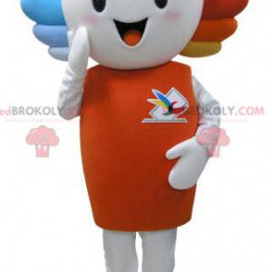 Very smiling white snowman mascot with colored hair -