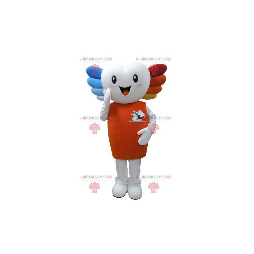 Very smiling white snowman mascot with colored hair -