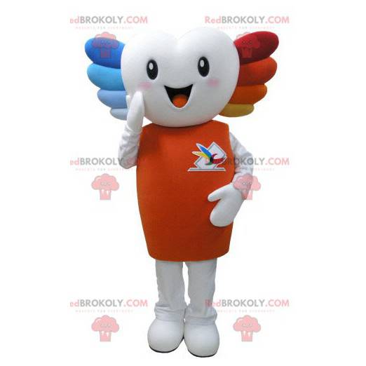 Very smiling white snowman mascot with colored hair -