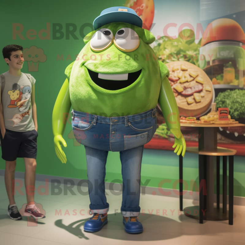 Green Hamburger mascot costume character dressed with a Denim Shorts and Watches Green Hamburger mascot costume character dressed with a Denim Shorts and Watches