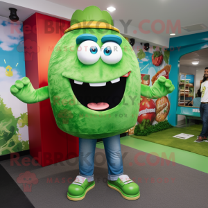 Green Hamburger mascot costume character dressed with a Denim Shorts and Watches