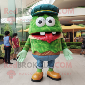 Green Hamburger mascot costume character dressed with a Denim Shorts and Watches