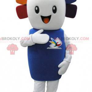 Very smiling white snowman mascot with colored hair -