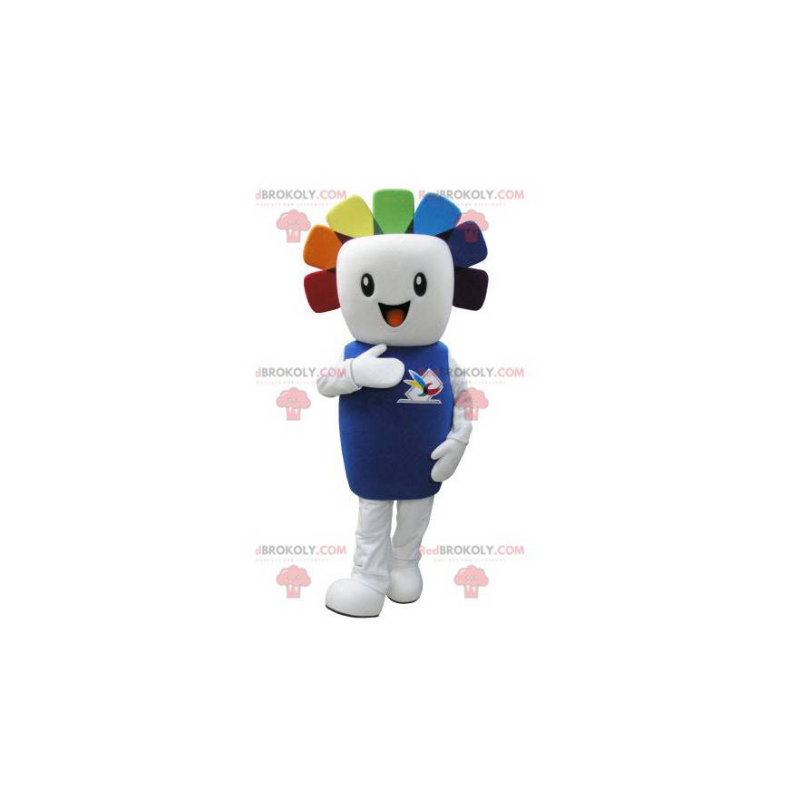 Mascote de boneco de neve branco muito sorridente com cabelo