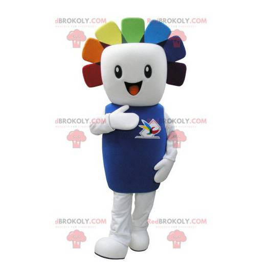 Very smiling white snowman mascot with colored hair -
