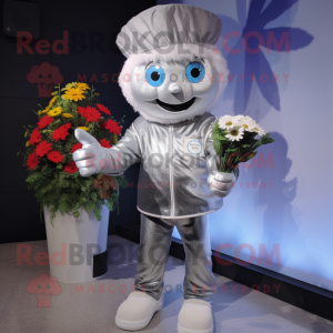 Silver Bouquet Of Flowers mascot costume character dressed with a V-Neck Tee and Beanies