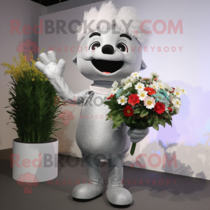 Silver Bouquet Of Flowers mascot costume character dressed with a V-Neck Tee and Beanies