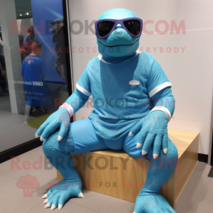 Cyan Komodo Dragon mascot costume character dressed with a Shorts and Sunglasses