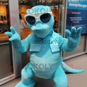 Cyan Komodo Dragon mascot costume character dressed with a Shorts and Sunglasses