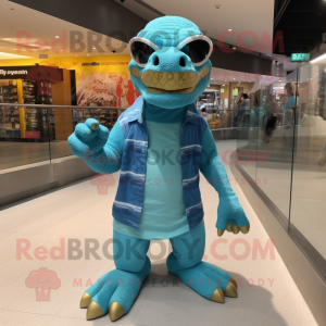 Cyan Komodo Dragon mascot costume character dressed with a Shorts and Sunglasses