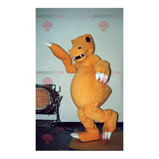 Very realistic and scary orange and white dinosaur mascot -