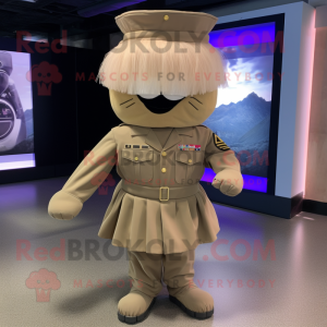 Tan American Soldier mascot costume character dressed with a Pleated Skirt and Headbands