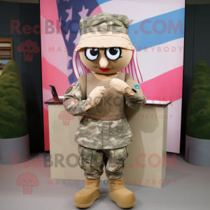 Tan American Soldier mascot costume character dressed with a Pleated Skirt and Headbands