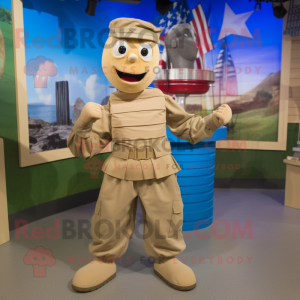 Tan American Soldier mascot costume character dressed with a Pleated Skirt and Headbands