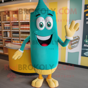 Teal Bottle Of Mustard mascot costume character dressed with a Bermuda Shorts and Bracelets