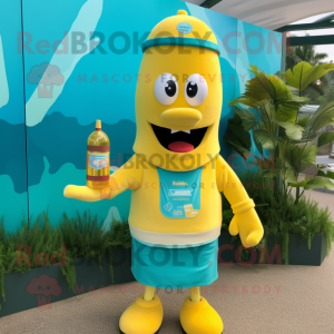 Teal Bottle Of Mustard mascot costume character dressed with a Bermuda Shorts and Bracelets