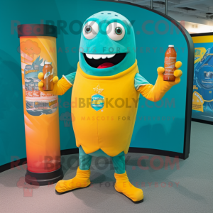 Teal Bottle Of Mustard mascot costume character dressed with a Bermuda Shorts and Bracelets