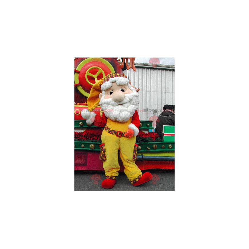 Mascote do Papai Noel vestido de amarelo e vermelho -