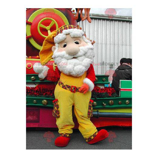 Mascotte di Babbo Natale vestita di giallo e rosso -