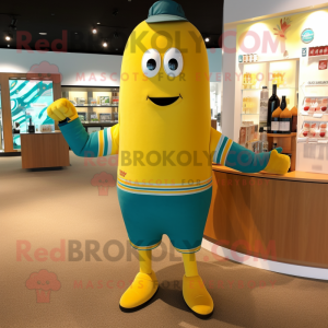 Teal Bottle Of Mustard mascot costume character dressed with a Bermuda Shorts and Bracelets