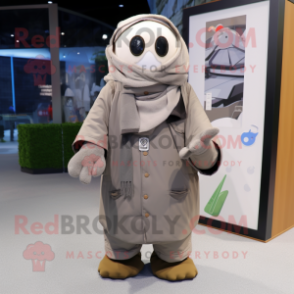 Gray Champagne mascot costume character dressed with a Parka and Scarves