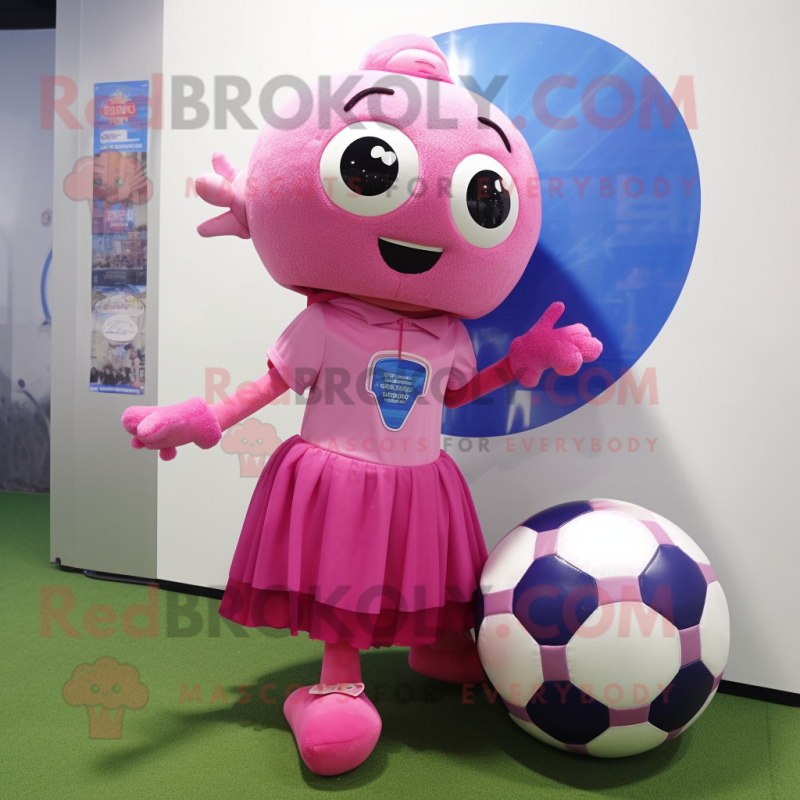 Pink Soccer Ball mascot costume character dressed with a Mini Dress and Shawl pins Pink Soccer Ball mascot costume character dressed with a Mini Dress and Shawl pins