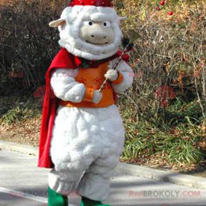 Witte schapenmascotte met een cape en een Vikinghelm -